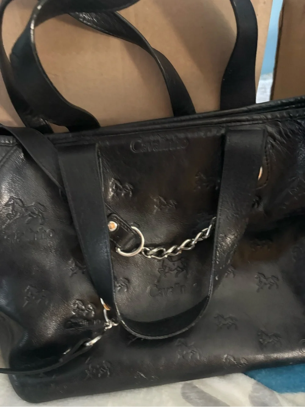 Black Leather Chain-Handle Tote cavalinho